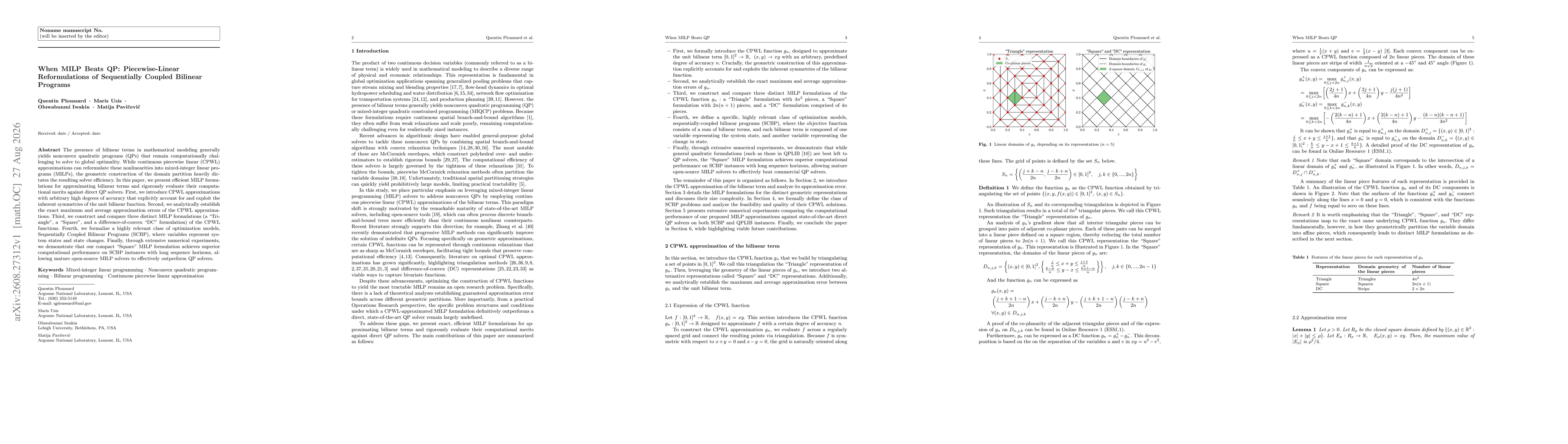 Thumbnail for When MILP Beats QP: Piecewise-Linear Reformulations of Sequentially Coupled Bilinear Programs