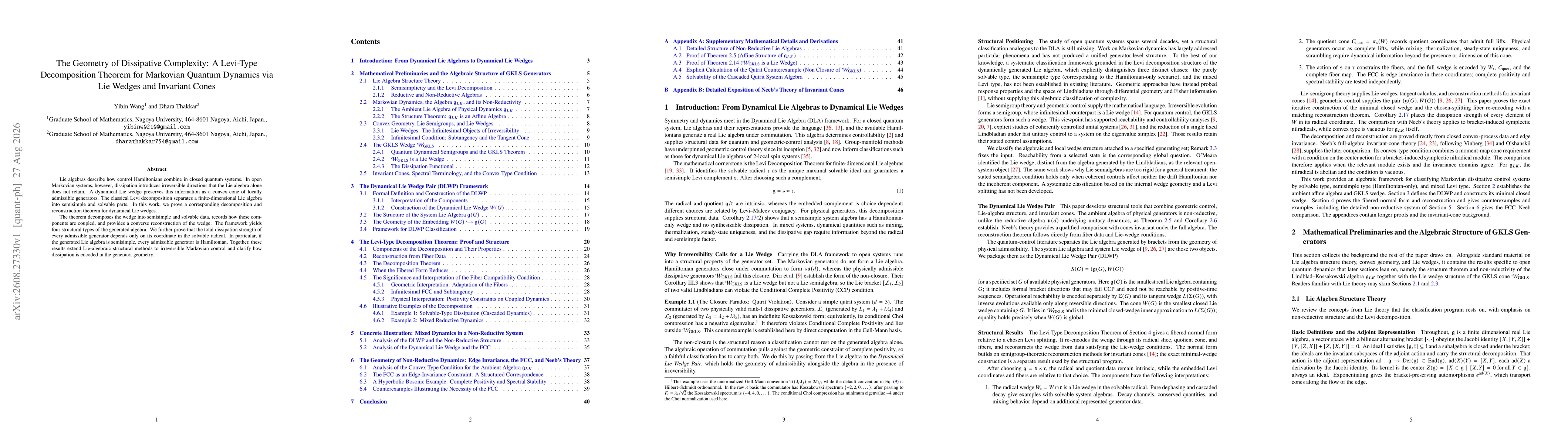 Thumbnail for The Geometry of Dissipative Complexity: A Levi-Type Decomposition Theorem for Markovian Quantum Dynamics via Lie Wedges and Invariant Cones