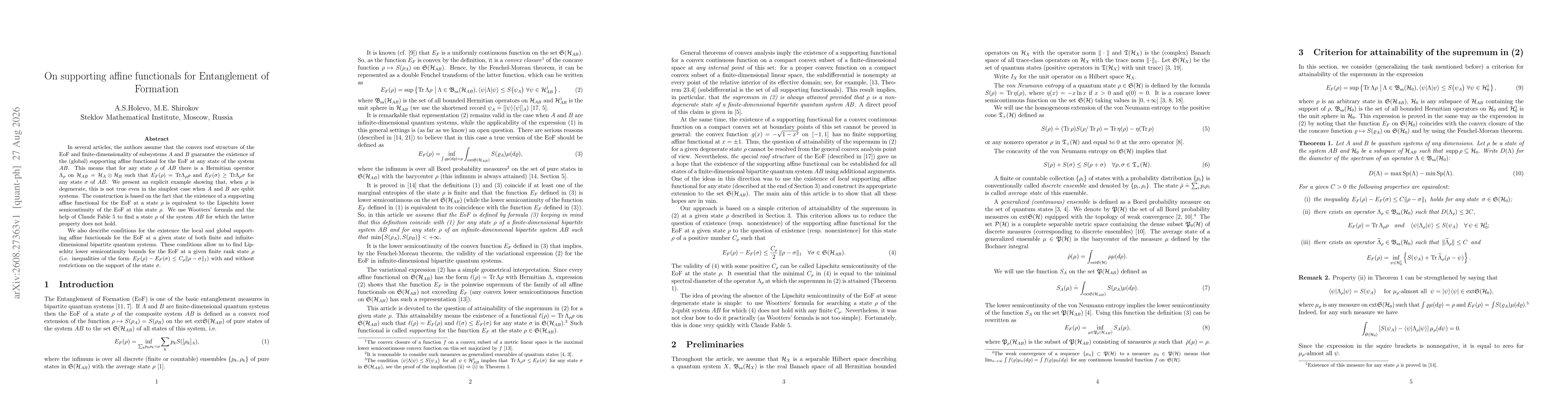Thumbnail for On supporting affine functionals for Entanglement of Formation