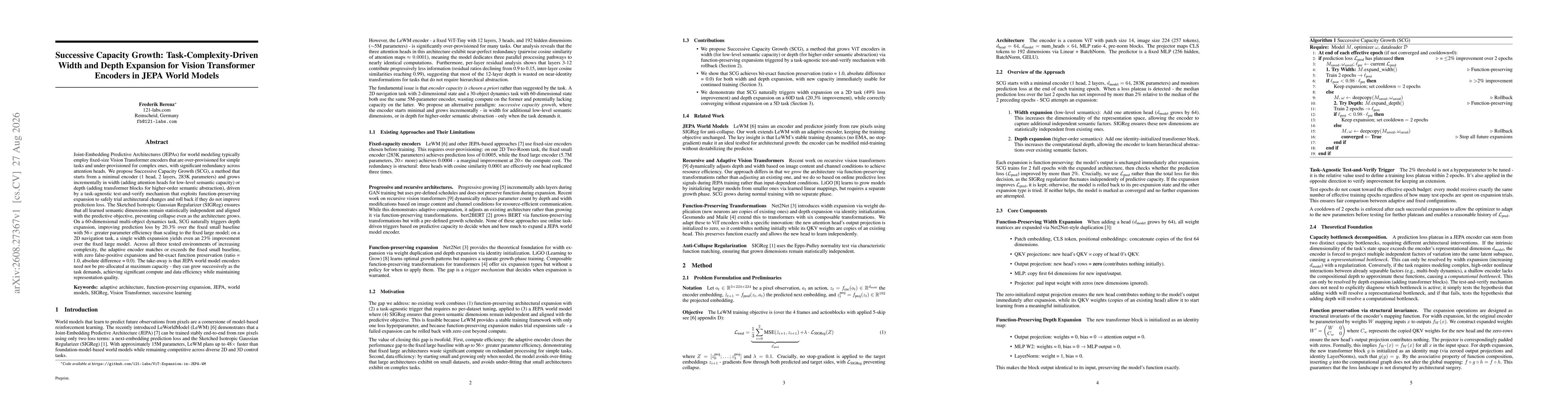 Thumbnail for Successive Capacity Growth: Task-Complexity-Driven Width and Depth Expansion for Vision Transformer Encoders in JEPA World Models