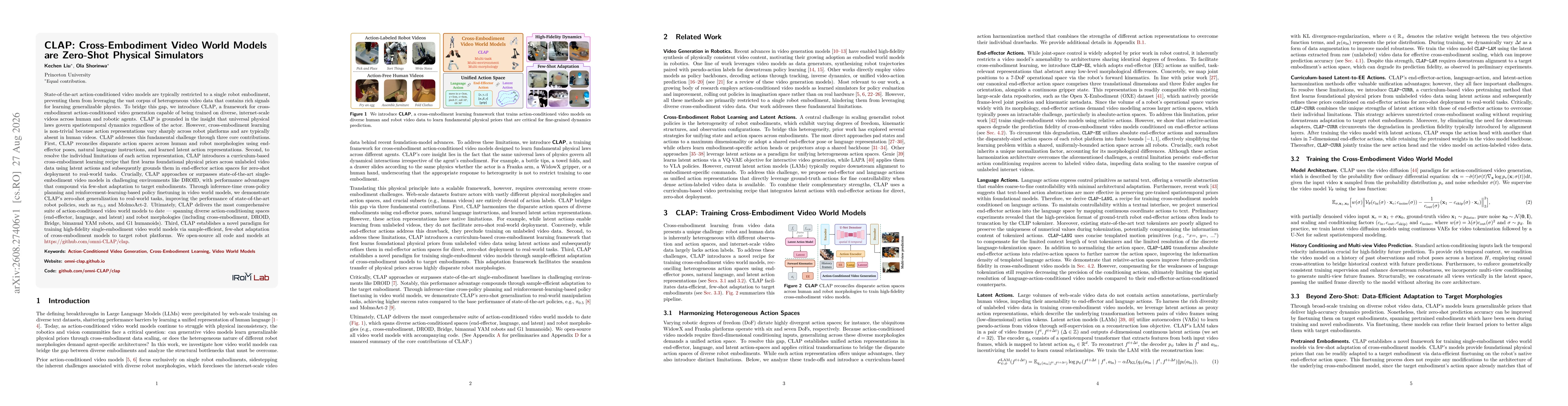 Thumbnail for CLAP: Cross-Embodiment Video World Models are Zero-Shot Physical Simulators