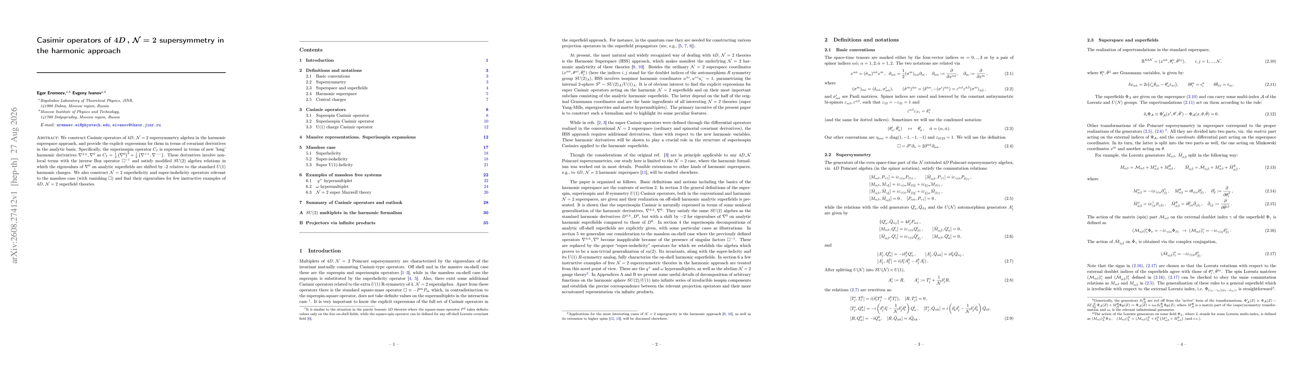 Thumbnail for Casimir operators of $4D\,, \mathcal{N}=2$ supersymmetry in the harmonic approach