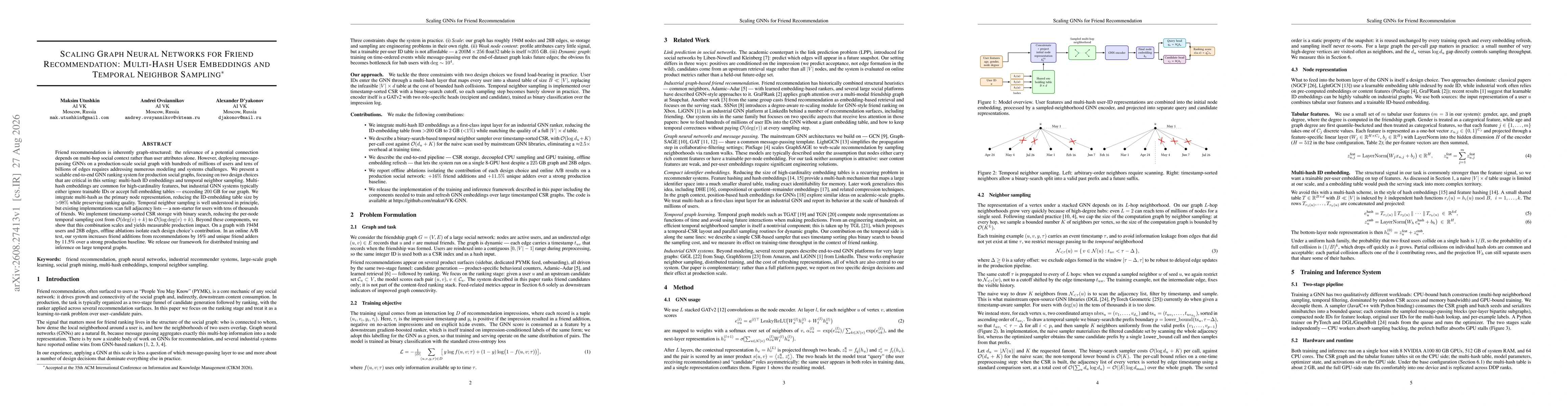 Thumbnail for Scaling Graph Neural Networks for Friend Recommendation: Multi-Hash User Embeddings and Temporal Neighbor Sampling