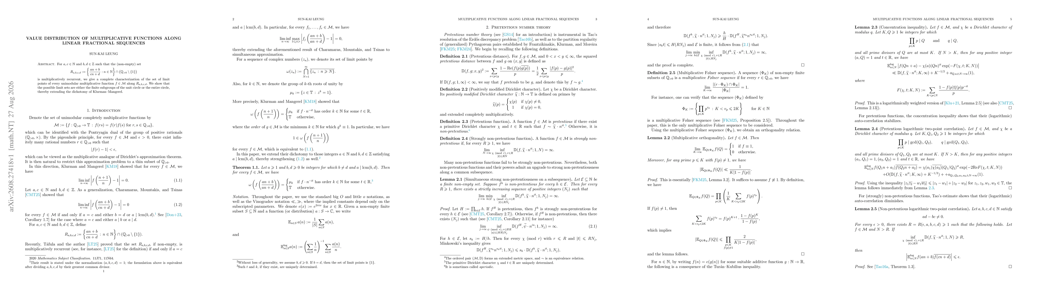 Thumbnail for Value distribution of multiplicative functions along linear fractional sequences