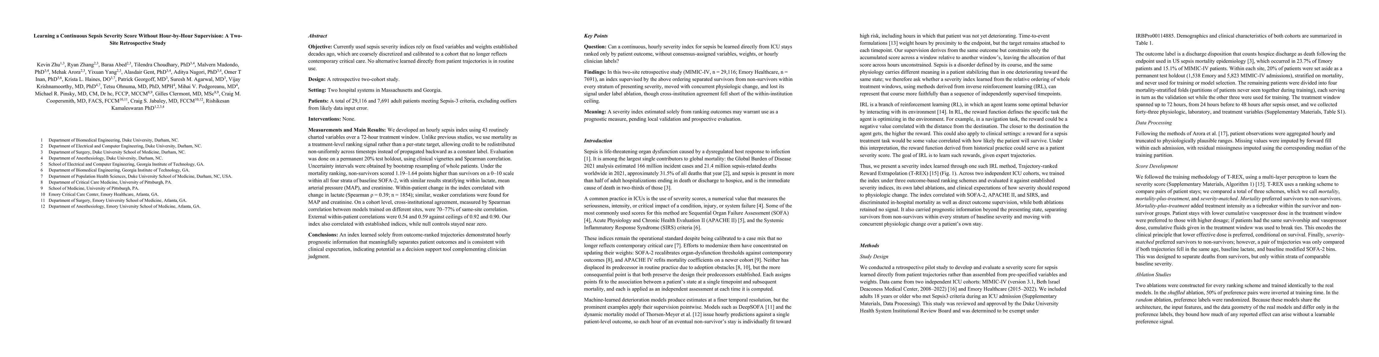 Thumbnail for Learning a Continuous Sepsis Severity Score Without Hour-by-Hour Supervision: A Two-Site Retrospective Study