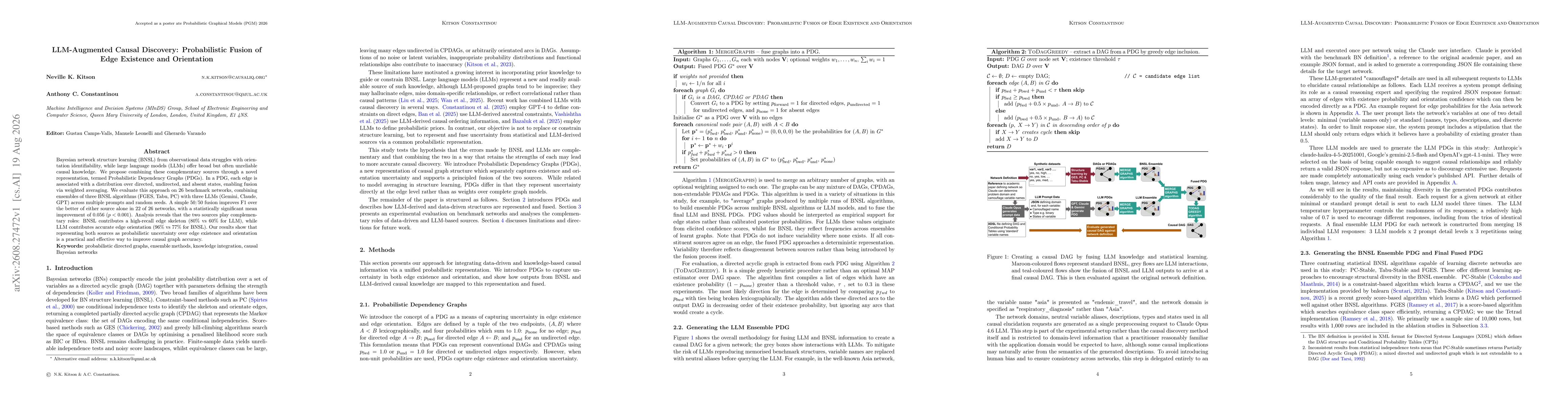 Thumbnail for LLM-Augmented Causal Discovery: Probabilistic Fusion of Edge Existence and Orientation