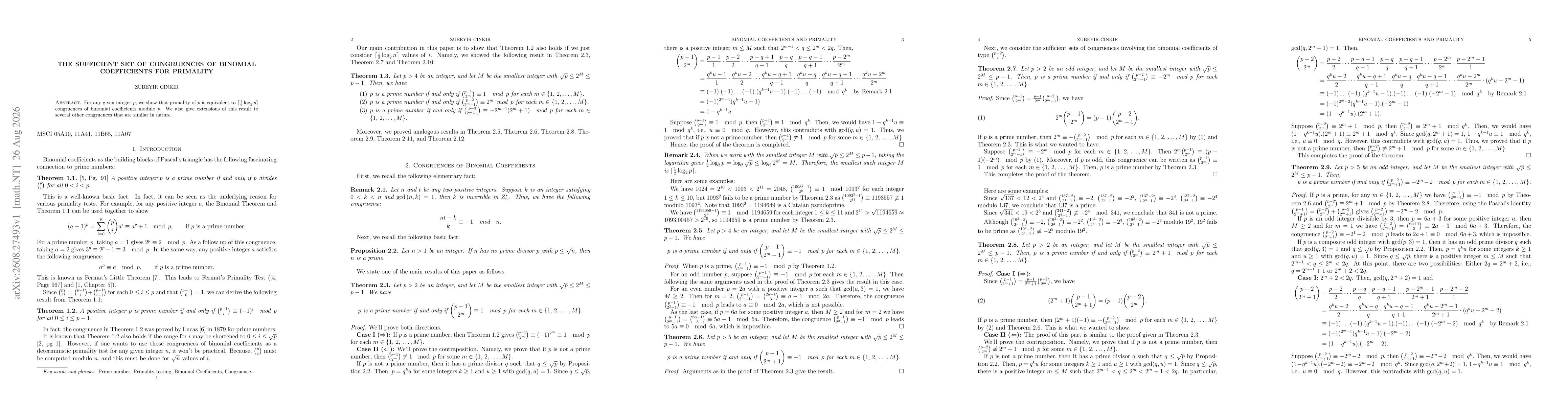 Thumbnail for The Sufficient Set of Congruences of Binomial Coefficients for Primality