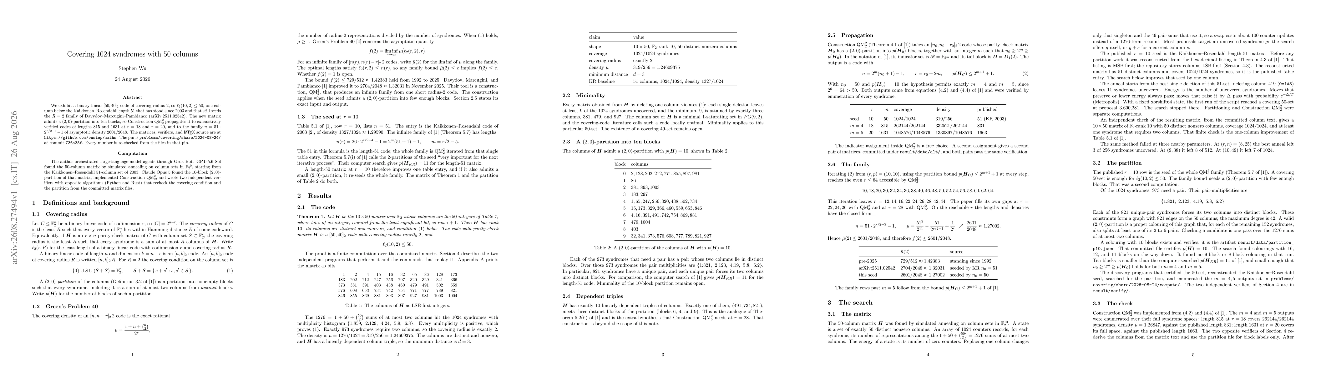 Thumbnail for Covering 1024 syndromes with 50 columns