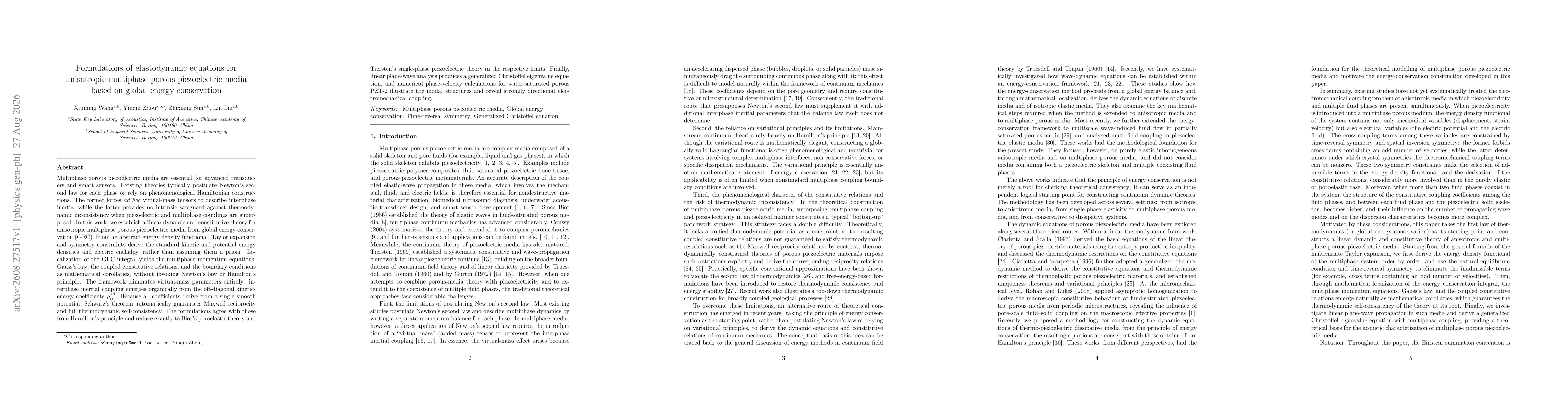 Thumbnail for Formulations of elastodynamic equations for anisotropic multiphase porous piezoelectric media based on global energy conservation
