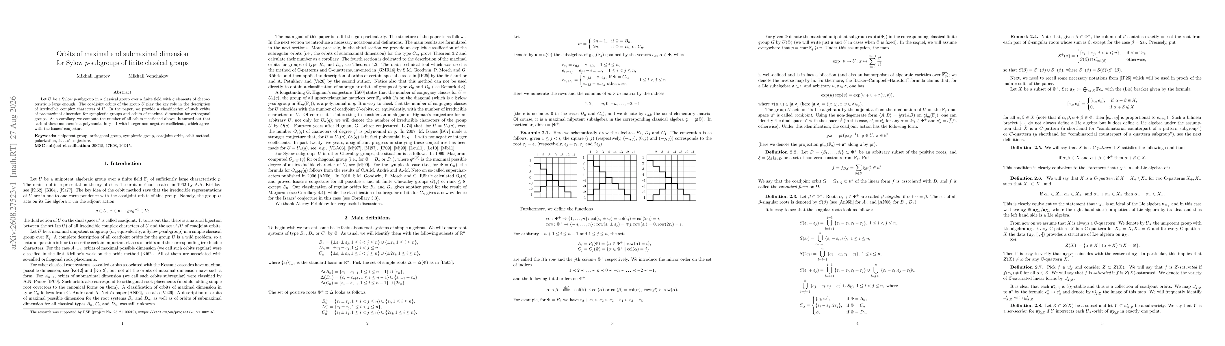 Thumbnail for Orbits of maximal and submaximal dimension for Sylow $p$-subgroups of finite classical groups