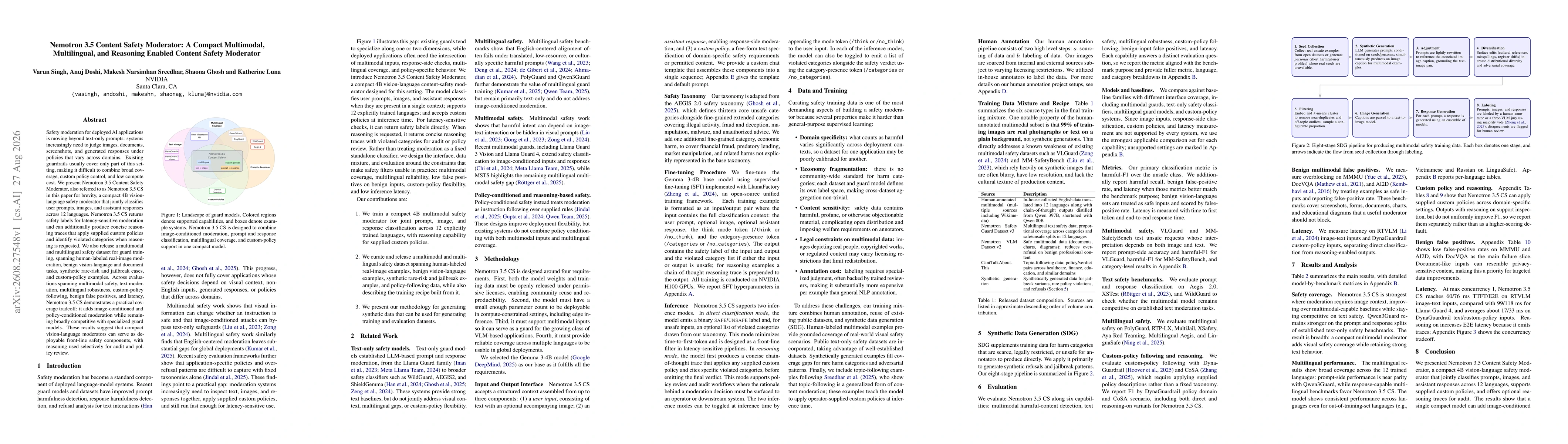 Thumbnail for Nemotron 3.5 Content Safety Moderator: A Compact Multimodal, Multilingual, and Reasoning Enabled Content Safety Moderator
