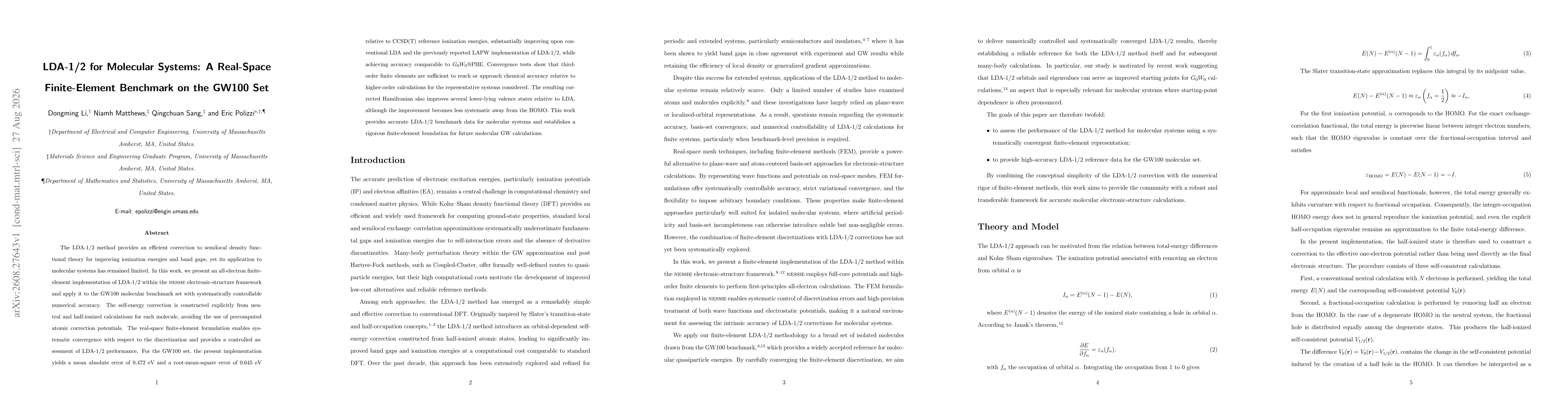 Thumbnail for LDA-1/2 for Molecular Systems: A Real-Space Finite-Element Benchmark on the GW100 Set