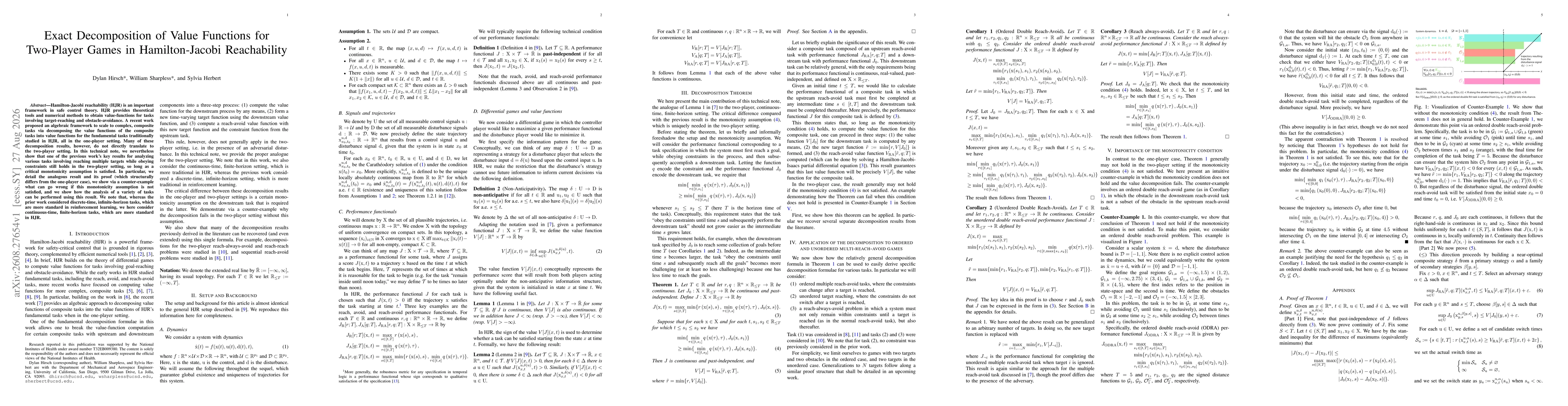 Thumbnail for Exact Decomposition of Value Functions for Two-Player Games in Hamilton-Jacobi Reachability