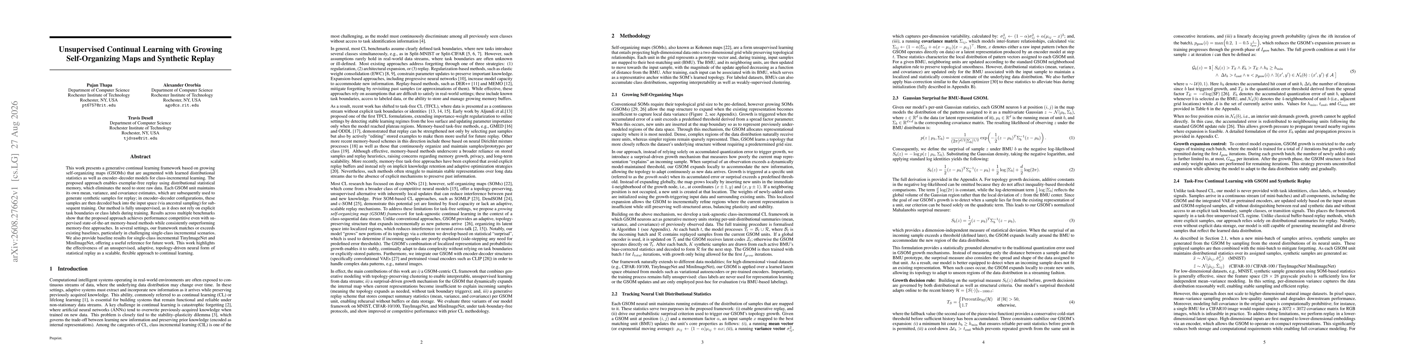 Thumbnail for Unsupervised Continual Learning with Growing Self-Organizing Maps and Synthetic Replay