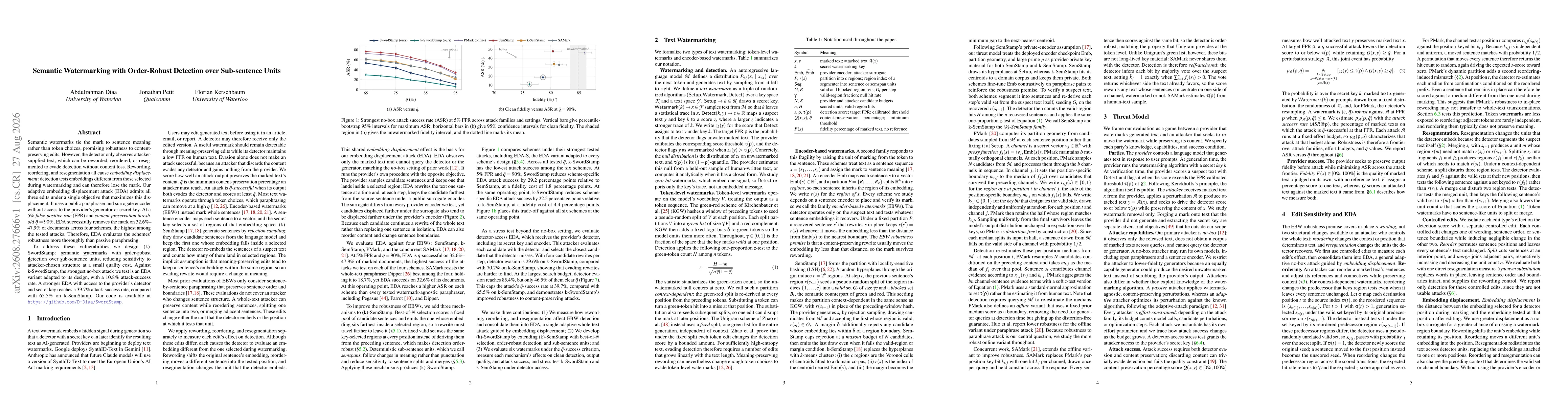 Thumbnail for Semantic Watermarking with Order-Robust Detection over Sub-sentence Units