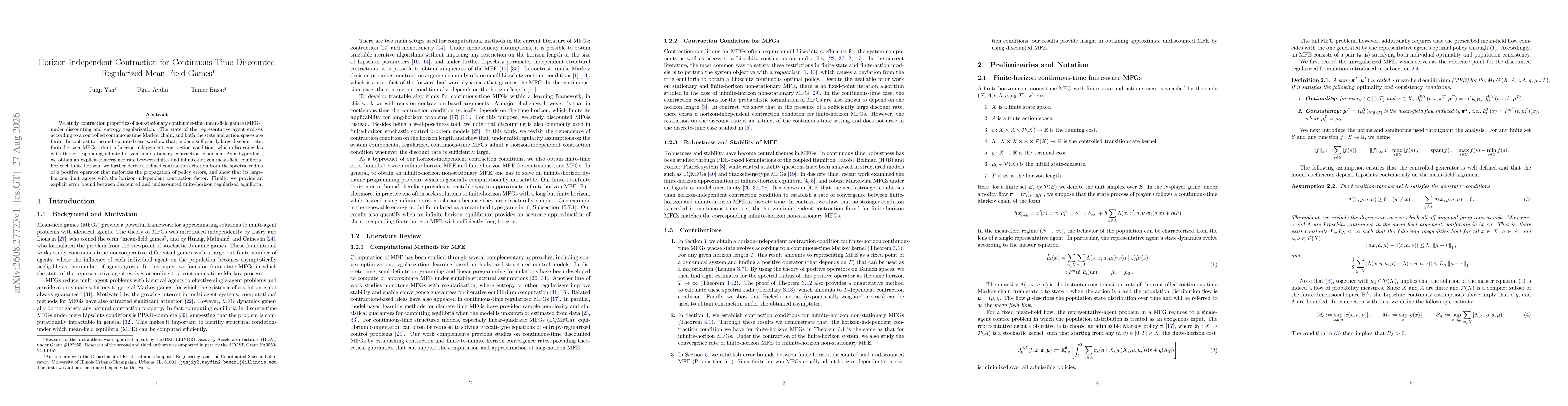 Thumbnail for Horizon-Independent Contraction for Continuous-Time Discounted Regularized Mean-Field Games