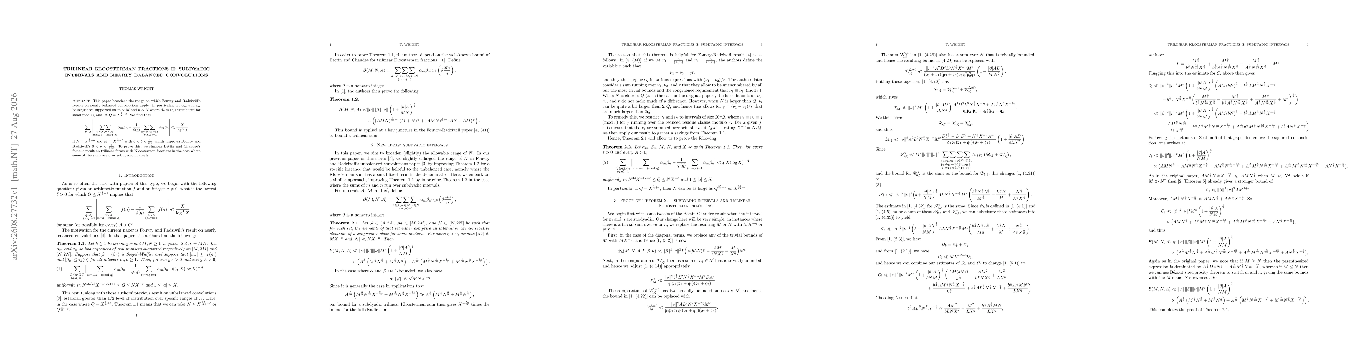 Thumbnail for Trilinear Kloosterman fractions II: subdyadic intervals and nearly balanced convolutions