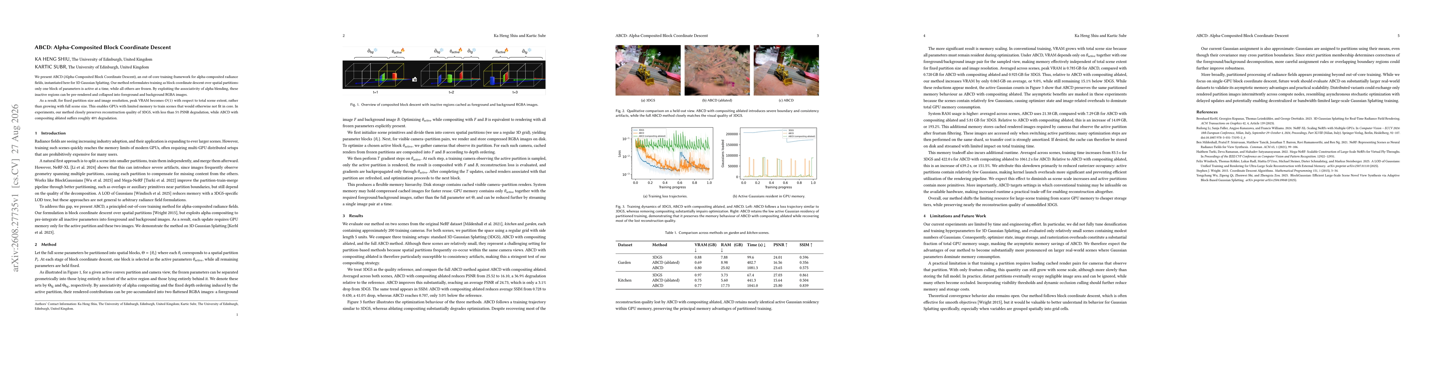 Thumbnail for ABCD: Alpha-Composited Block Coordinate Descent: Constant-VRAM Training for Large Radiance Fields