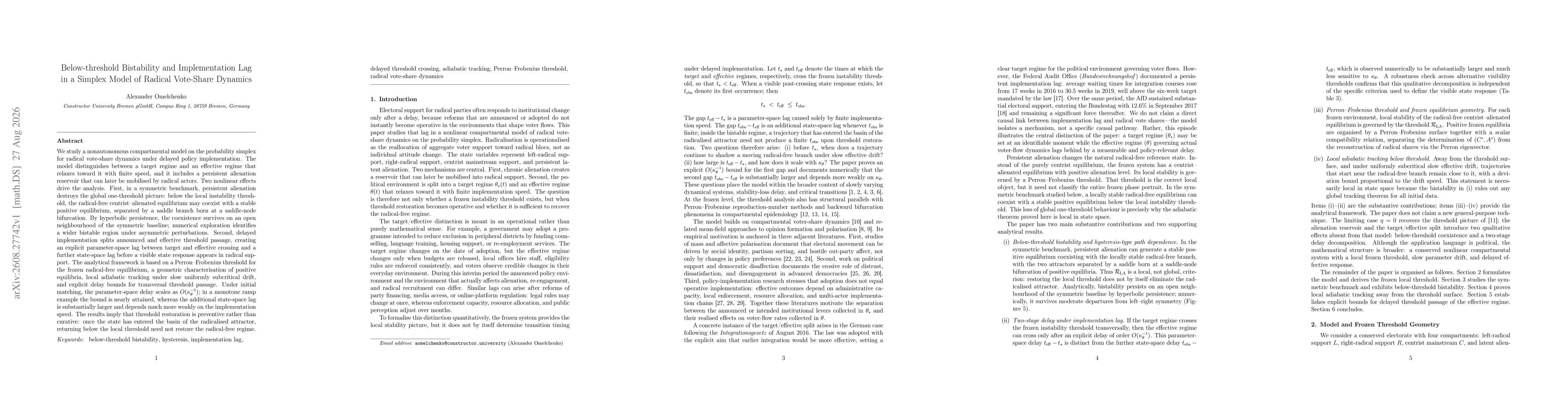 Thumbnail for Below-threshold Bistability and Implementation Lag in a Simplex Model of Radical Vote-Share Dynamics