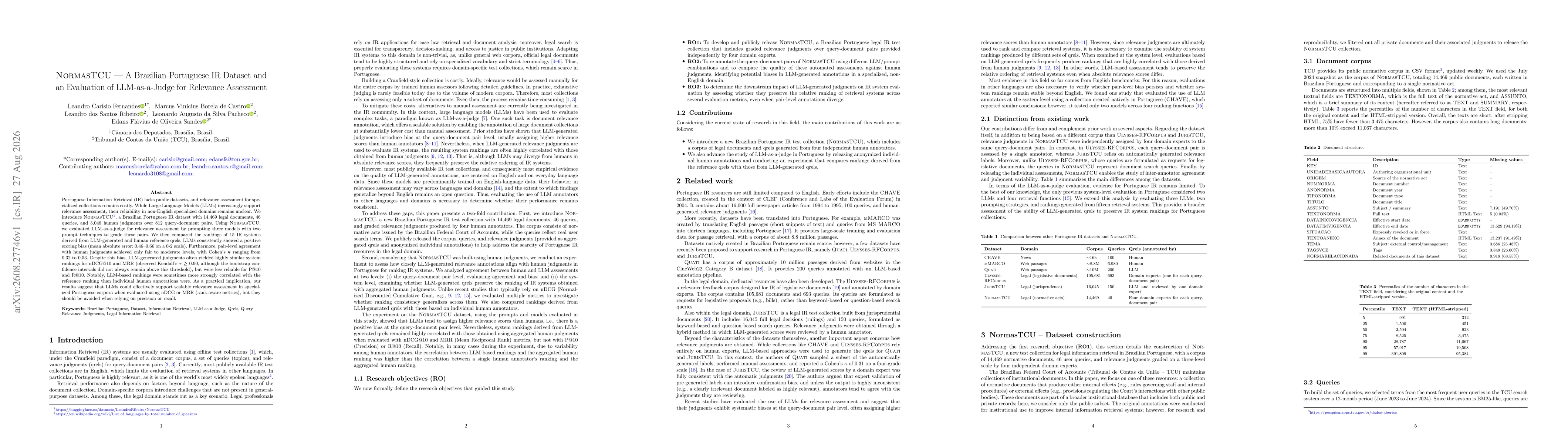 Thumbnail for NormasTCU --- A Brazilian Portuguese IR Dataset and an Evaluation of LLM-as-a-Judge for Relevance Assessment