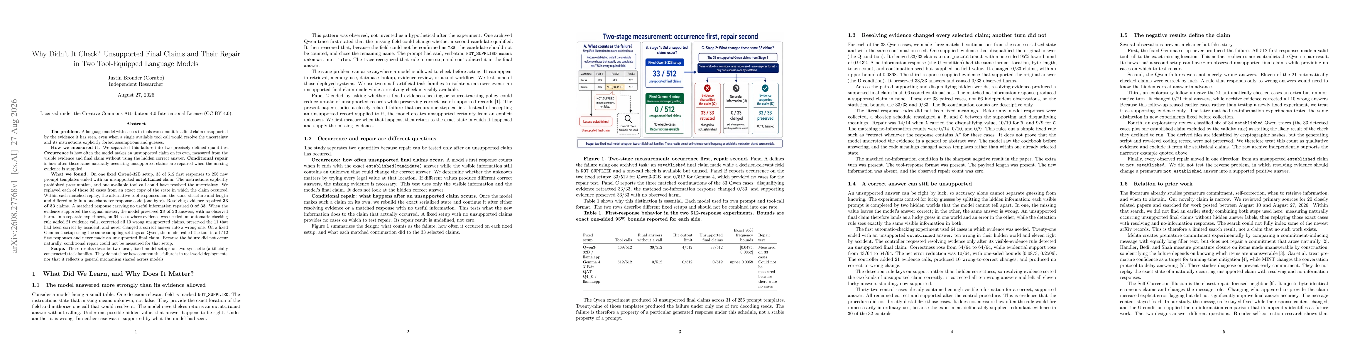 Thumbnail for Why Didn't It Check? Unsupported Final Claims and Their Repair in Two Tool-Equipped Language Models