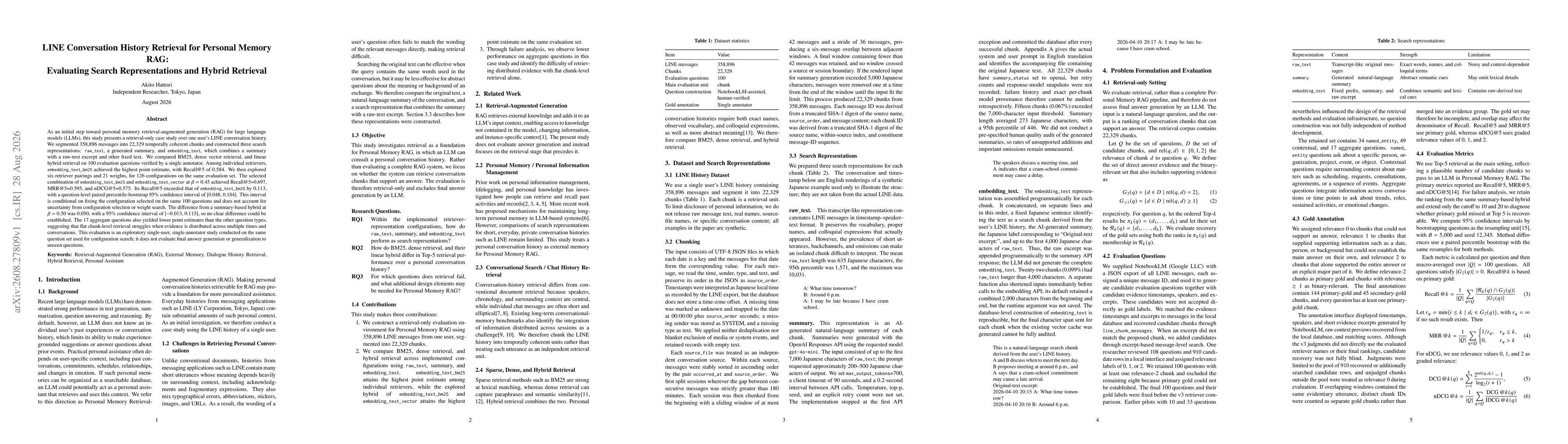 Thumbnail for LINE Conversation History Retrieval for Personal Memory RAG: Evaluating Search Representations and Hybrid Retrieval