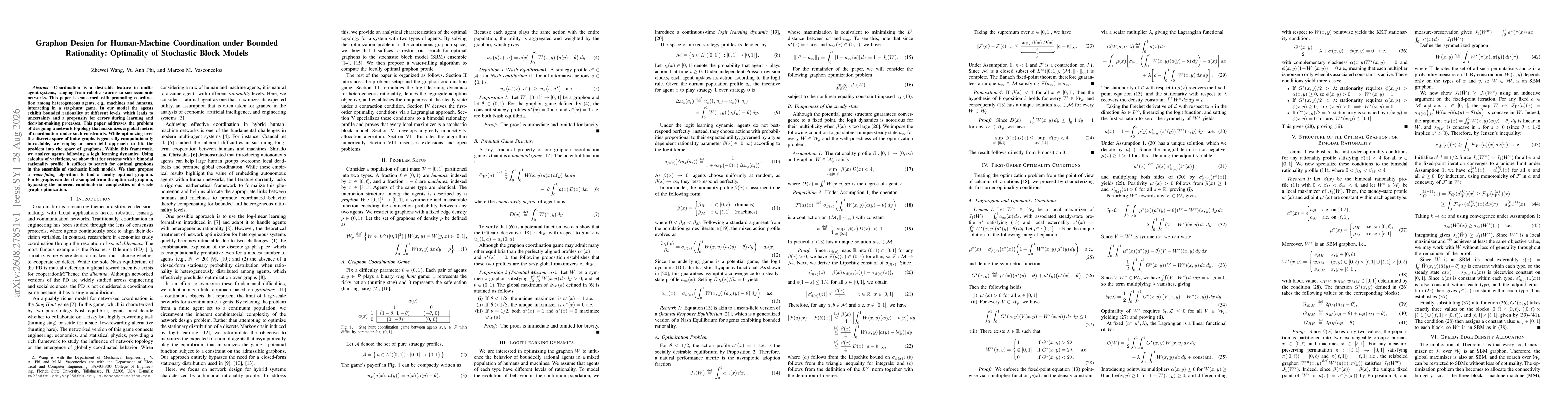 Thumbnail for Graphon Design for Human-Machine Coordination under Bounded Rationality: Optimality of Stochastic Block Models