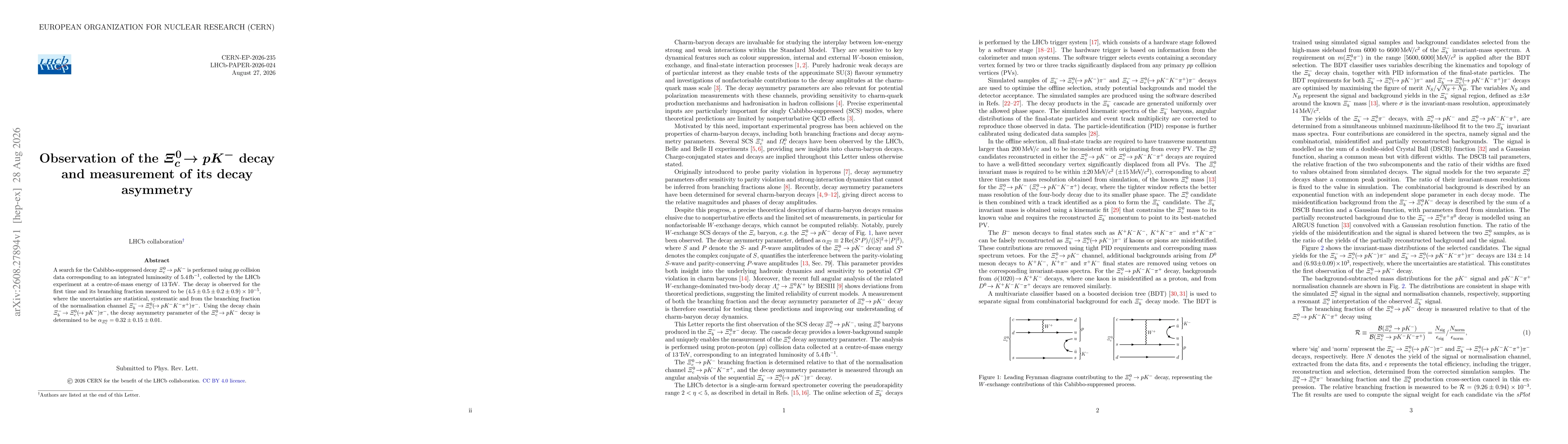 Thumbnail for Observation of the $Ξ_c^0 \to pK^-$ decay and measurement of its decay asymmetry