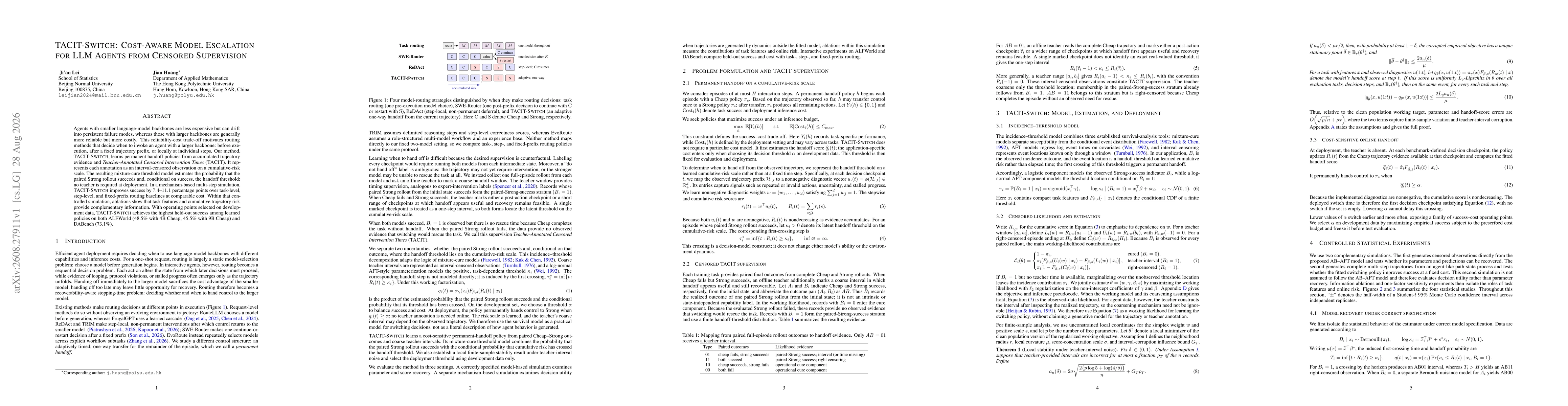 Thumbnail for TACIT-Switch: Cost-Aware Model Escalation for LLM Agents from Censored Supervision