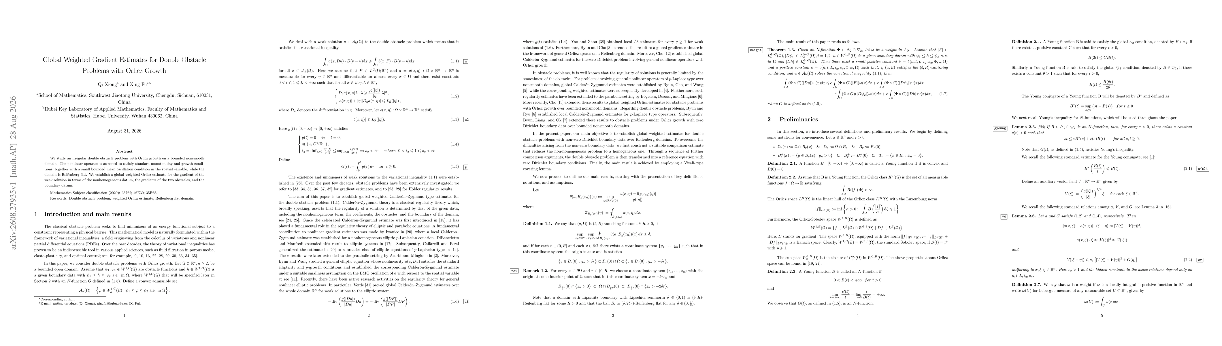 Thumbnail for Global Weighted Gradient Estimates for Double Obstacle Problems with Orlicz Growth