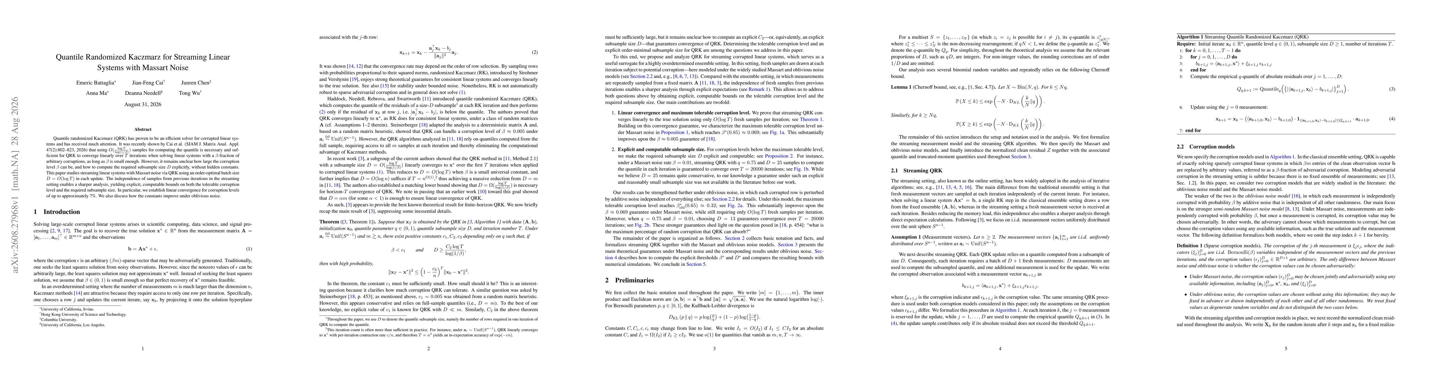 Thumbnail for Quantile Randomized Kaczmarz for Streaming Linear Systems with Massart Noise