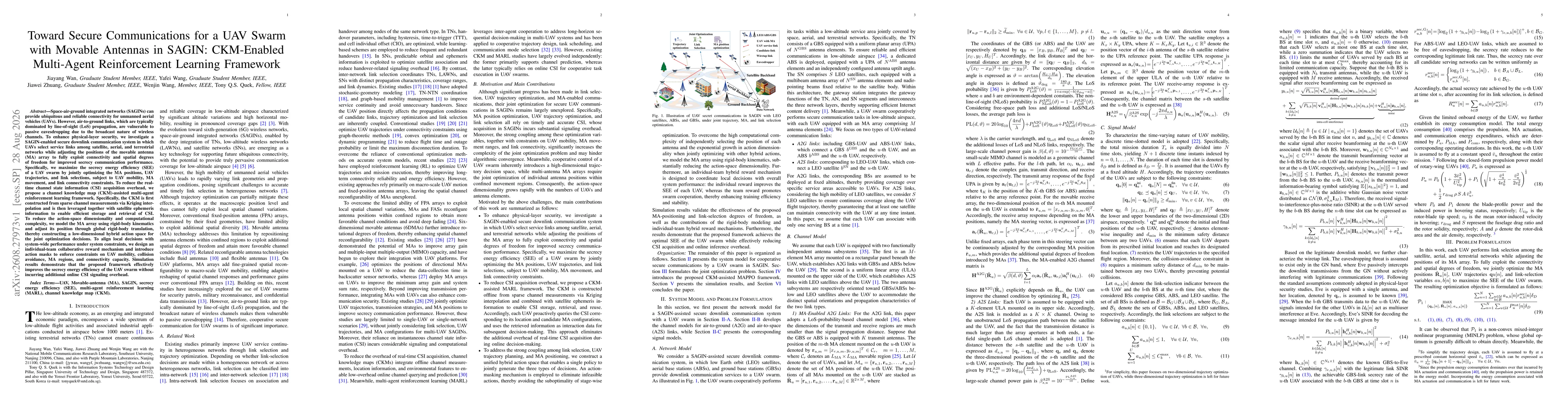 Thumbnail for Toward Secure Communications for a UAV Swarm with Movable Antennas in SAGIN: CKM-Enabled Multi-Agent Reinforcement Learning Framework