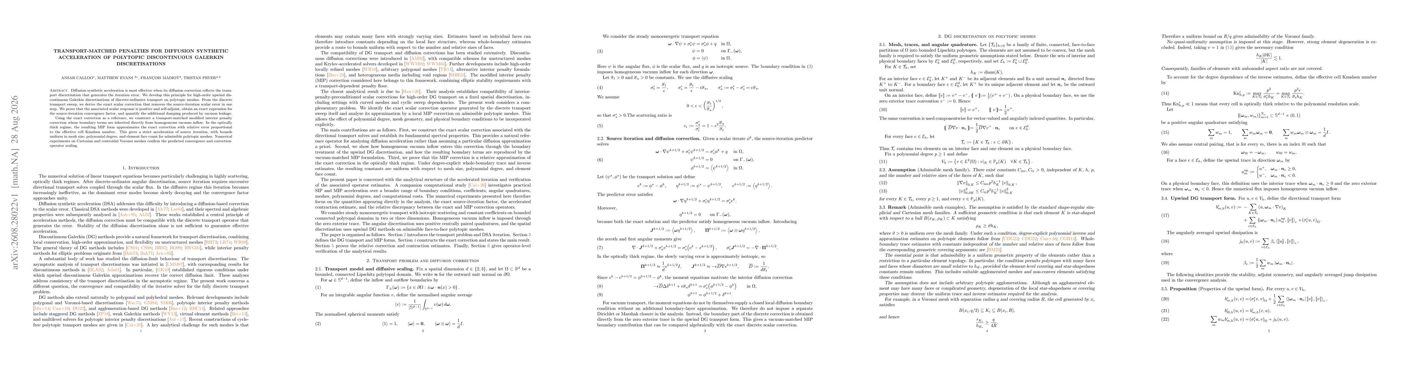 Thumbnail for Transport-Matched Penalties for Diffusion Synthetic Acceleration of Polytopic Discontinuous Galerkin Discretisations