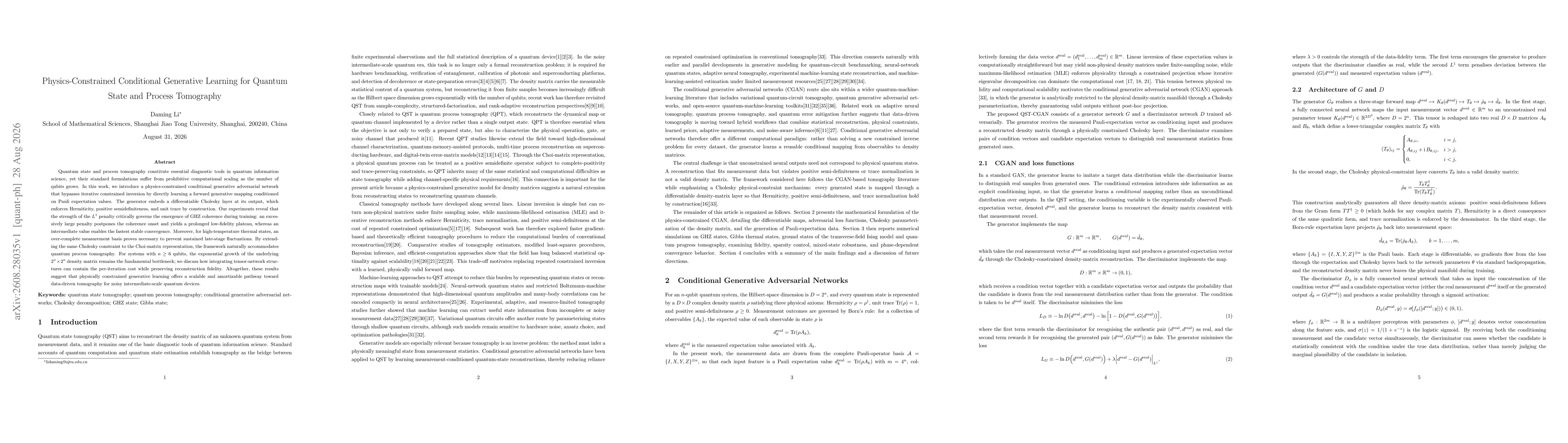 Thumbnail for Physics-Constrained Conditional Generative Learning for Quantum State and Process Tomography