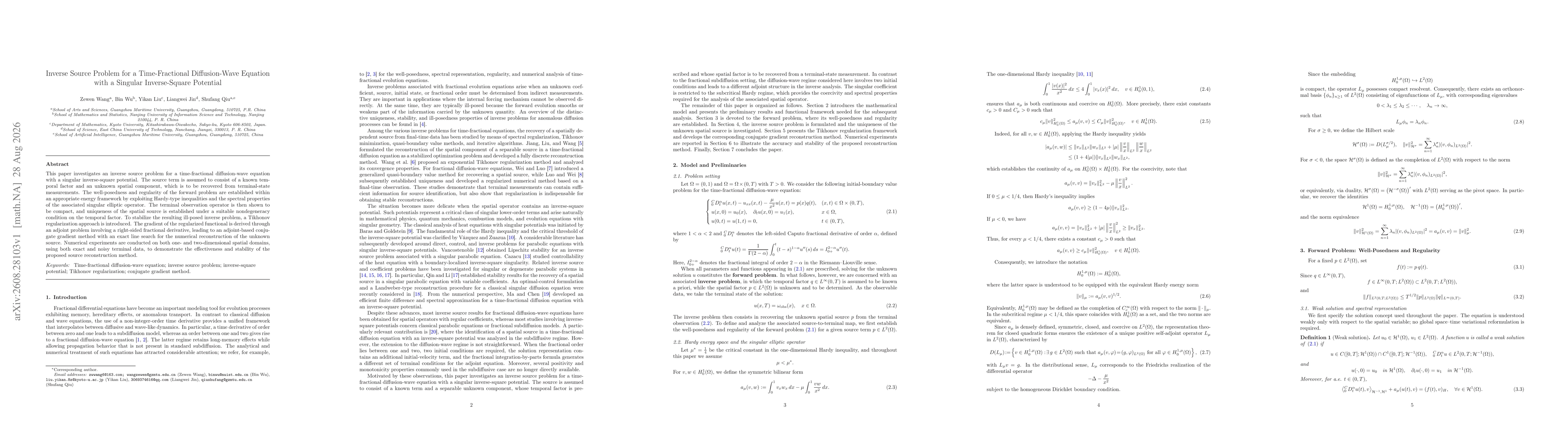 Thumbnail for Inverse Source Problem for a Time-Fractional Diffusion-Wave Equation with a Singular Inverse-Square Potential