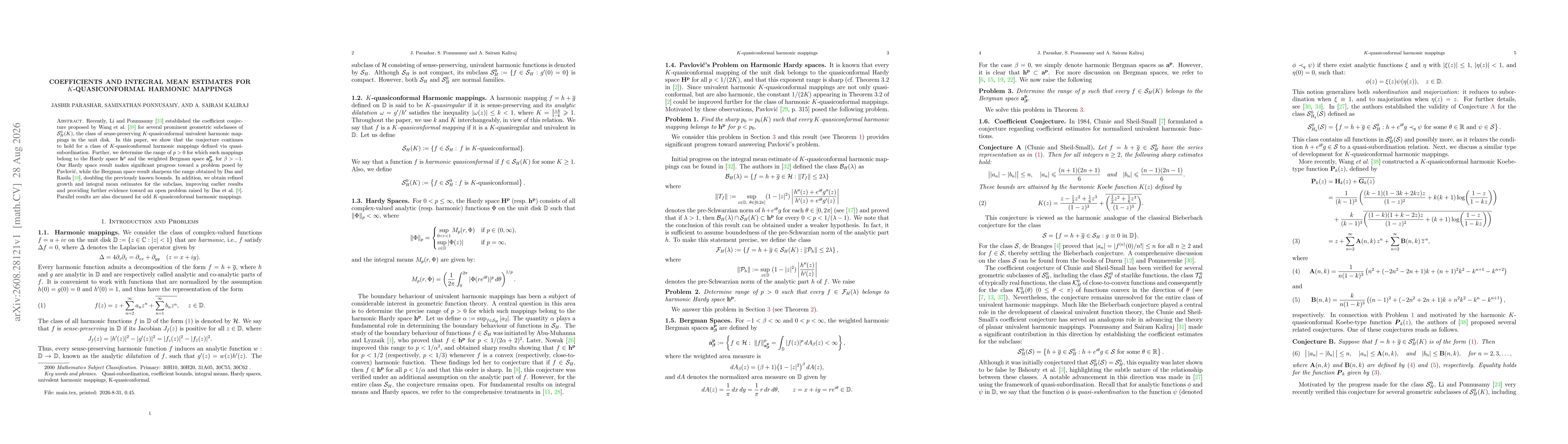 Thumbnail for Coefficients and Integral Mean Estimates for $K$-Quasiconformal Harmonic Mappings