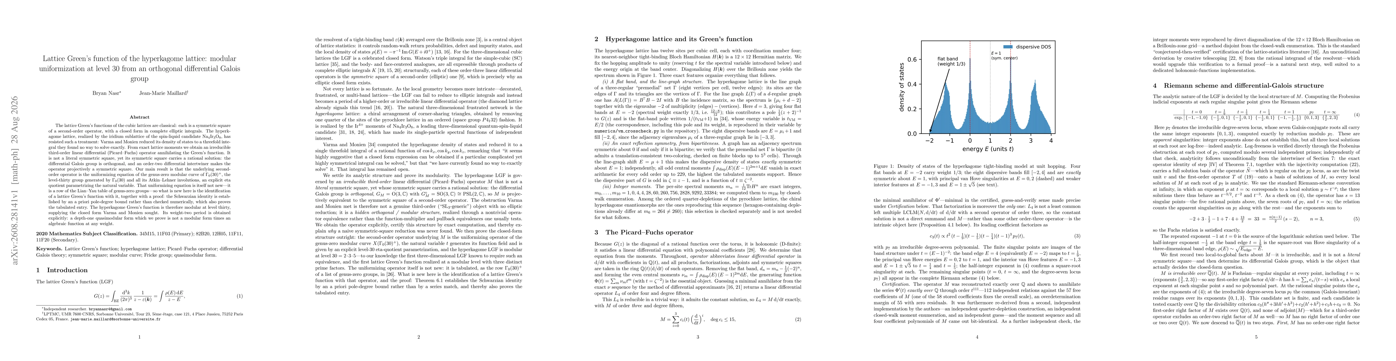 Thumbnail for Lattice Green's function of the hyperkagome lattice: modular uniformization at level 30 from an orthogonal differential Galois group