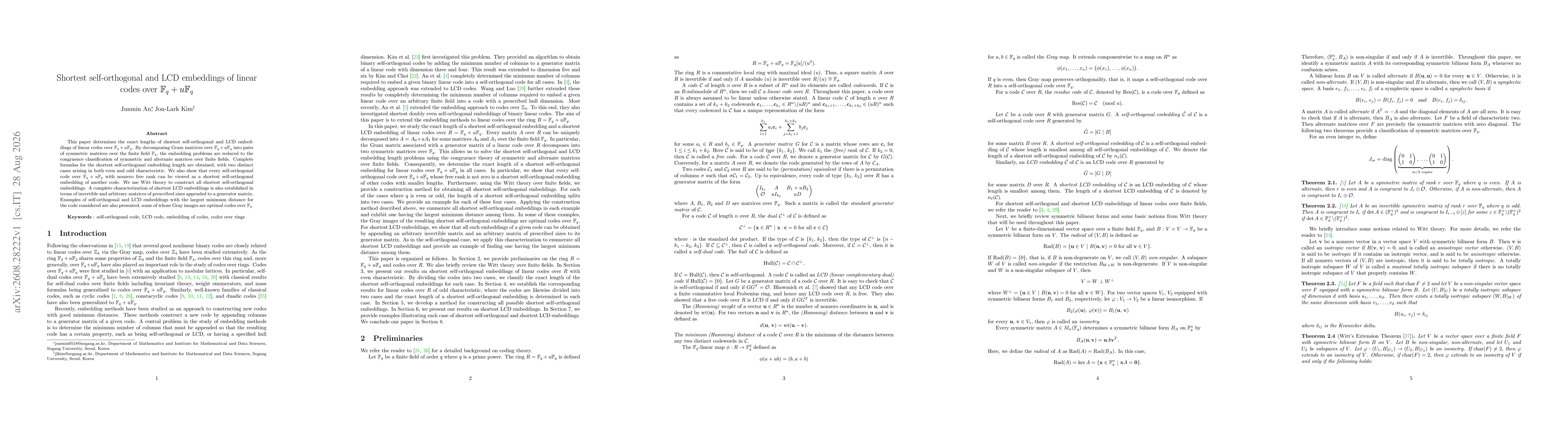 Thumbnail for Shortest self-orthogonal and LCD embeddings of linear codes over Fq+uFq