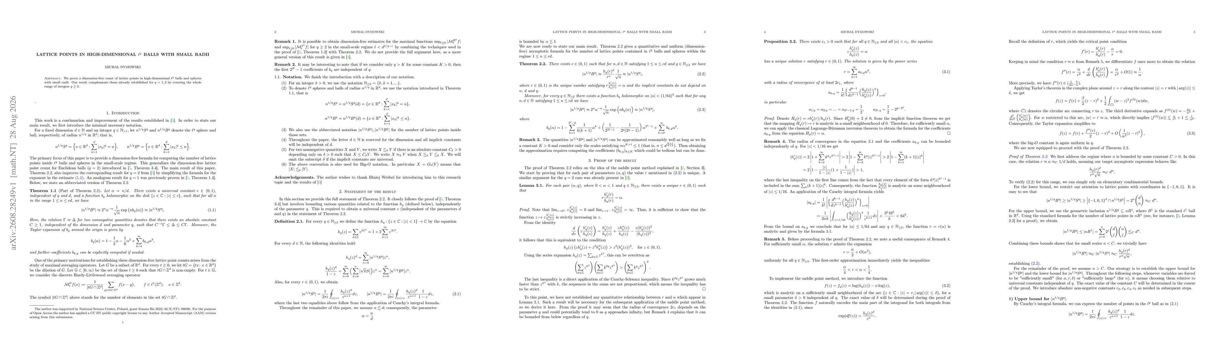 Thumbnail for Lattice points in high-dimensional $\ell^q$ balls with small radii