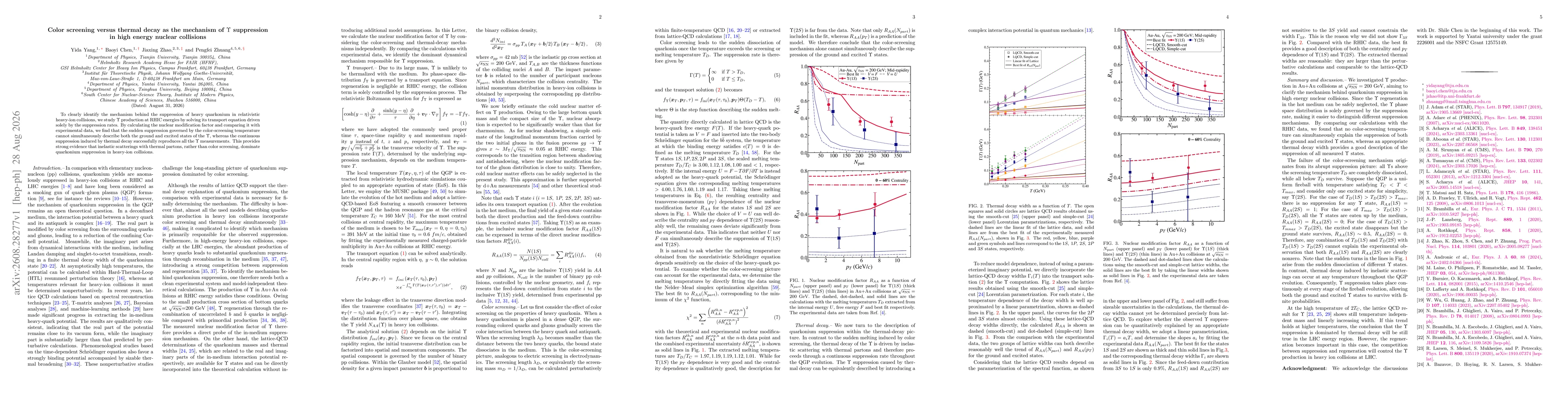 Thumbnail for Color screening versus thermal decay as the mechanism of $Υ$ suppression in high energy nuclear collisions
