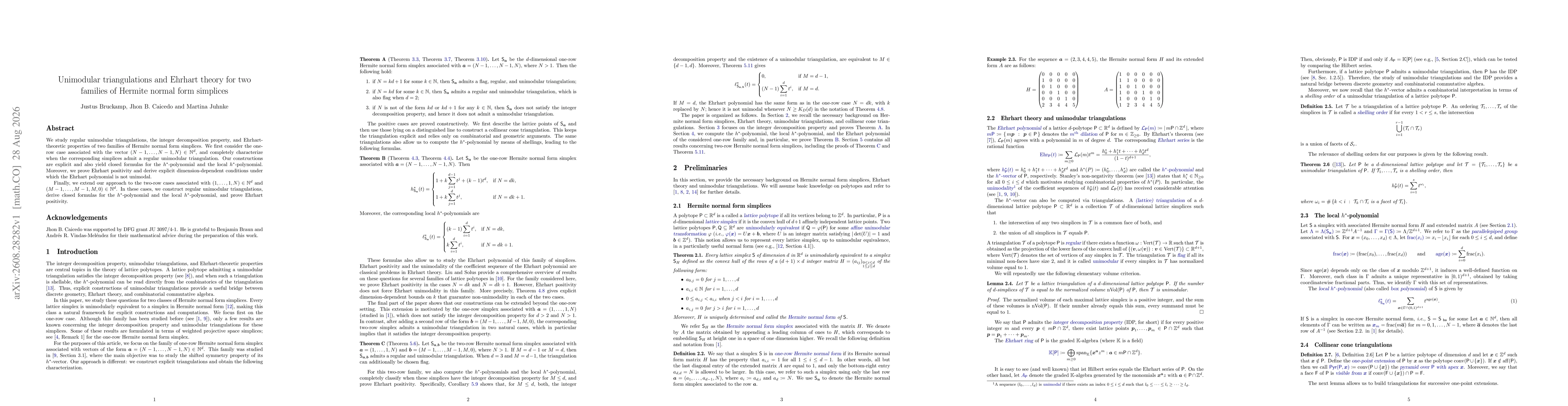 Thumbnail for Unimodular triangulations and Ehrhart theory for two families of Hermite normal form simplices