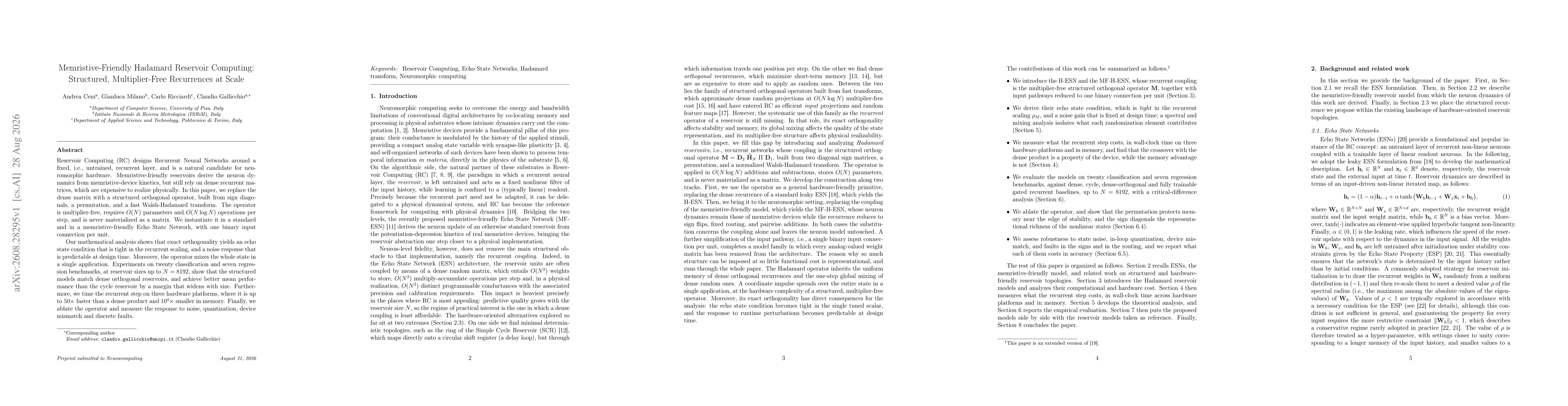 Thumbnail for Memristive-Friendly Hadamard Reservoir Computing: Structured, Multiplier-Free Recurrences at Scale