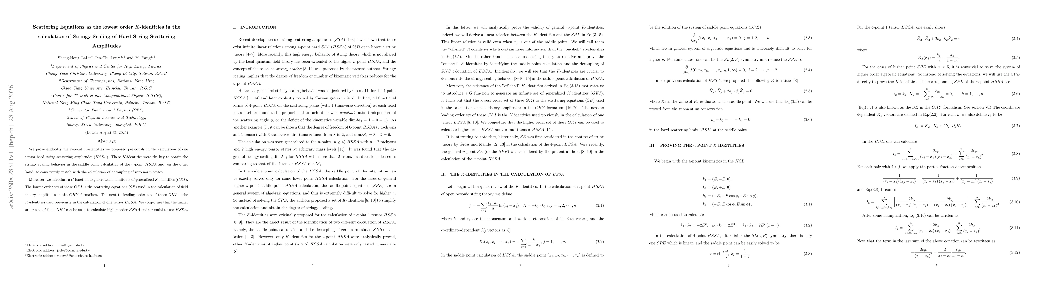 Thumbnail for Scattering Equations as the lowest order K-identities in the calculation of Stringy Scaling of Hard String Scattering Amplitudes