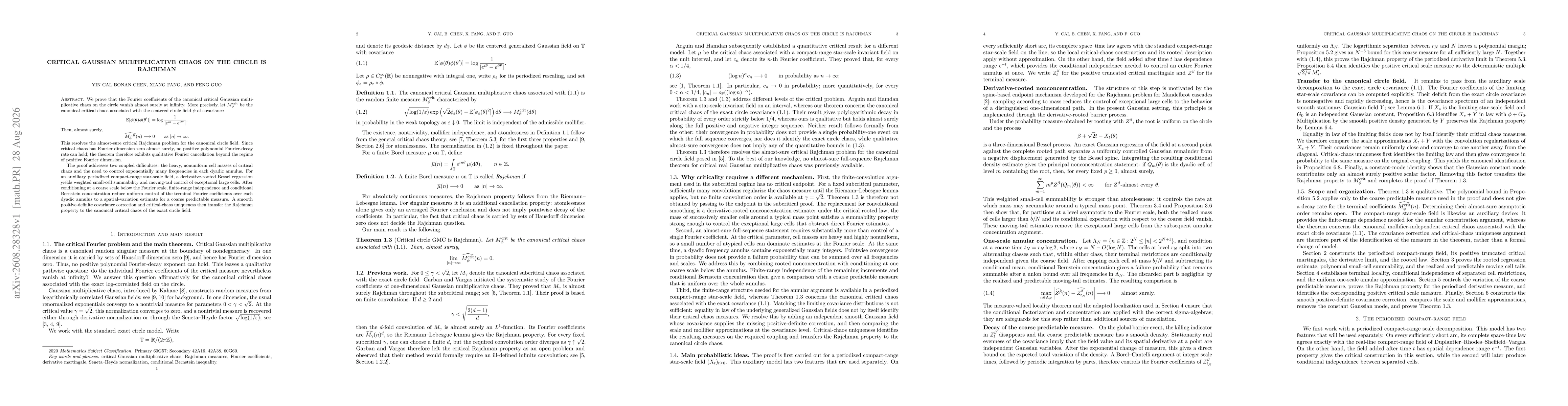 Thumbnail for Critical Gaussian Multiplicative Chaos on the Circle Is Rajchman