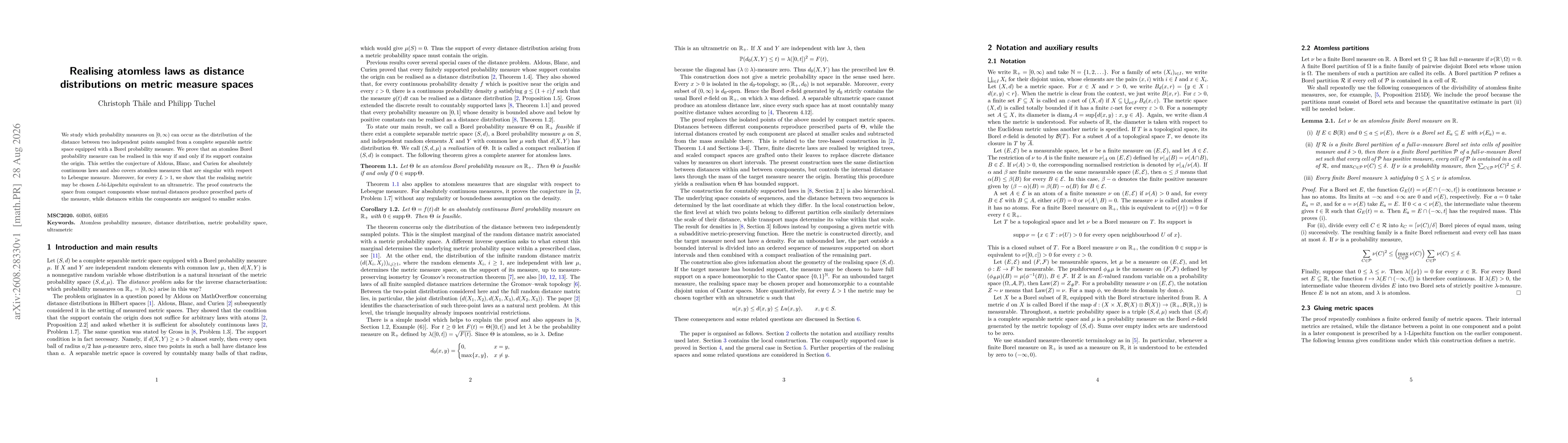Thumbnail for Realising atomless laws as distance distributions on metric measure spaces