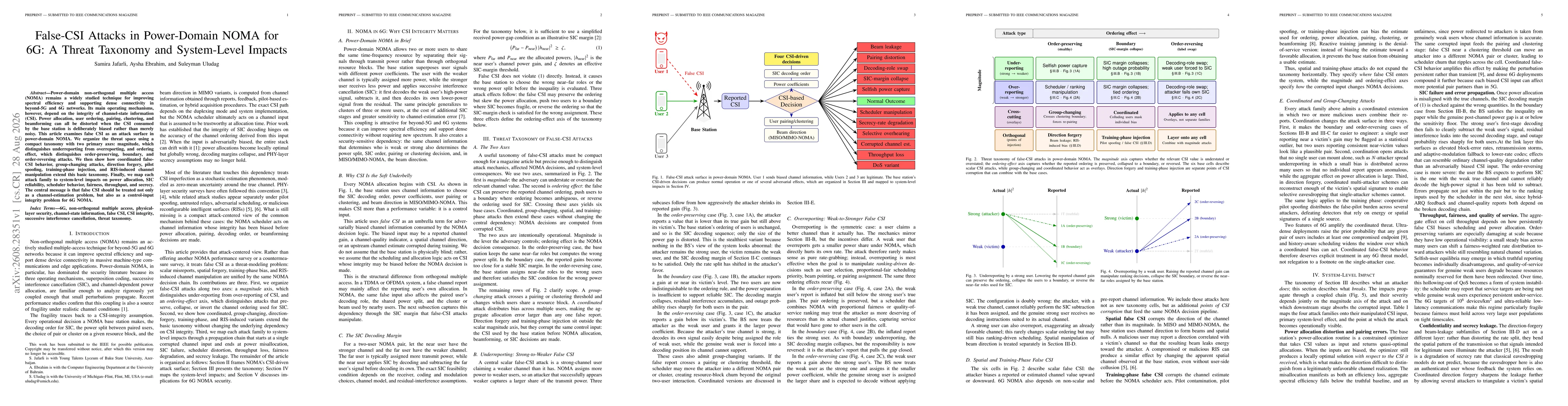 Thumbnail for False-CSI Attacks in Power-Domain NOMA for 6G: A Threat Taxonomy and System-Level Impacts