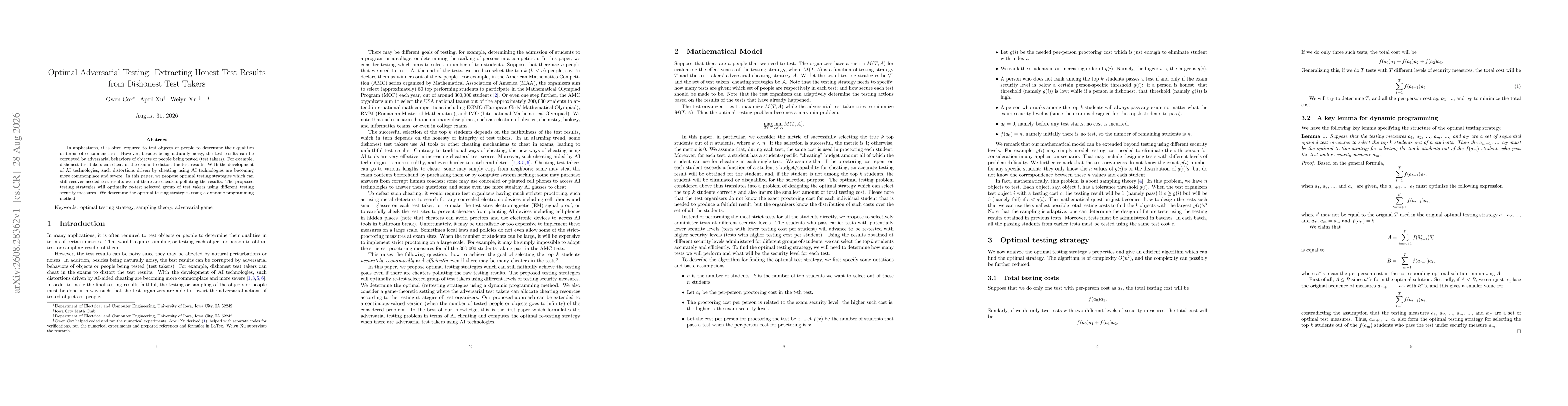 Thumbnail for Optimal Adversarial Testing: Extracting Honest Test Results from Dishonest Test Takers