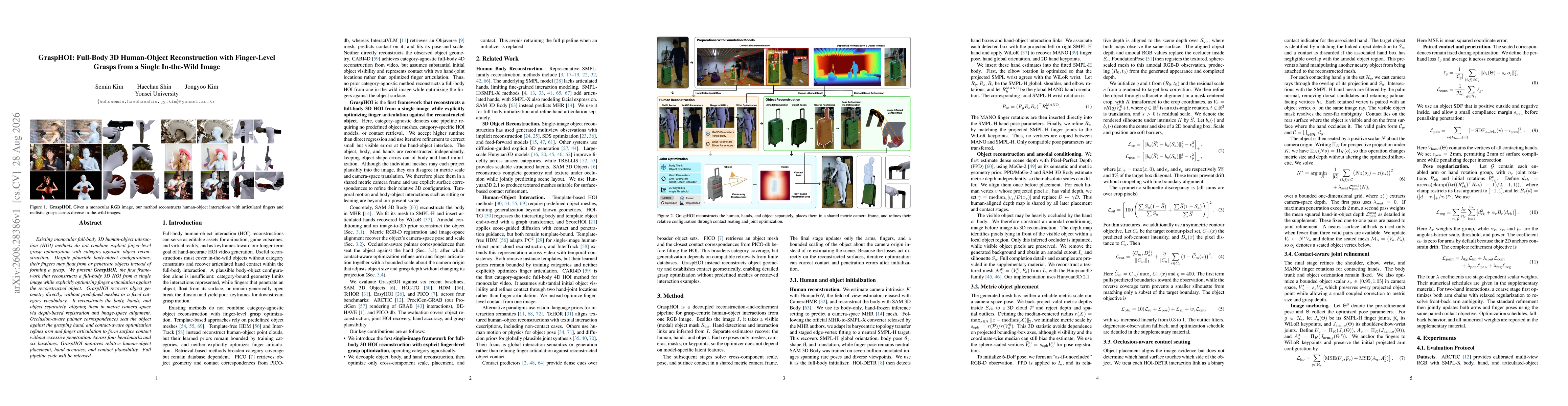 Thumbnail for GraspHOI: Full-Body 3D Human-Object Reconstruction with Finger-Level Grasps from a Single In-the-Wild Image