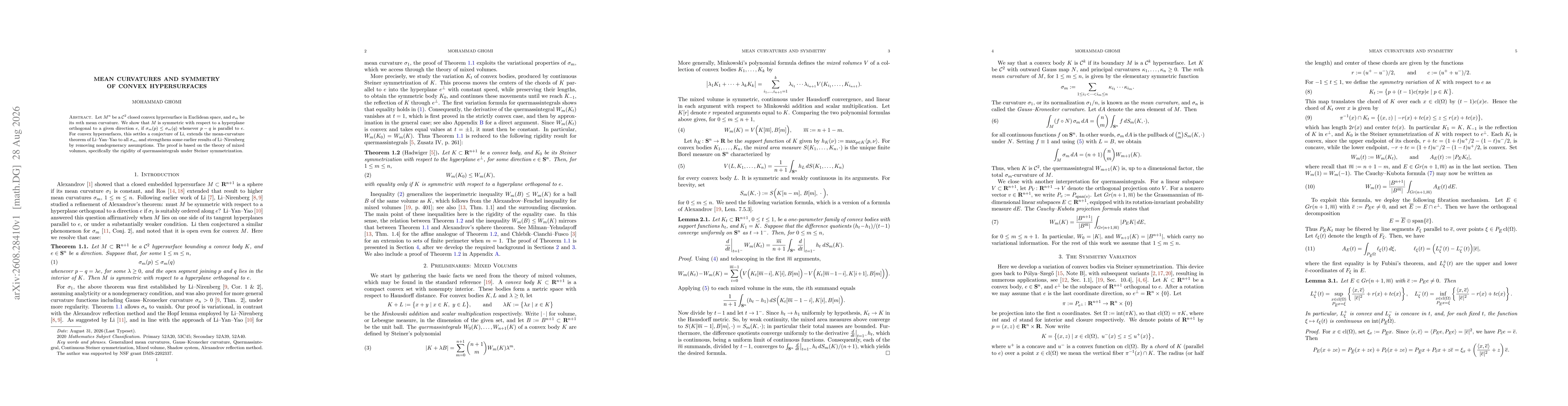 Thumbnail for Mean curvatures and symmetry of convex hypersurfaces