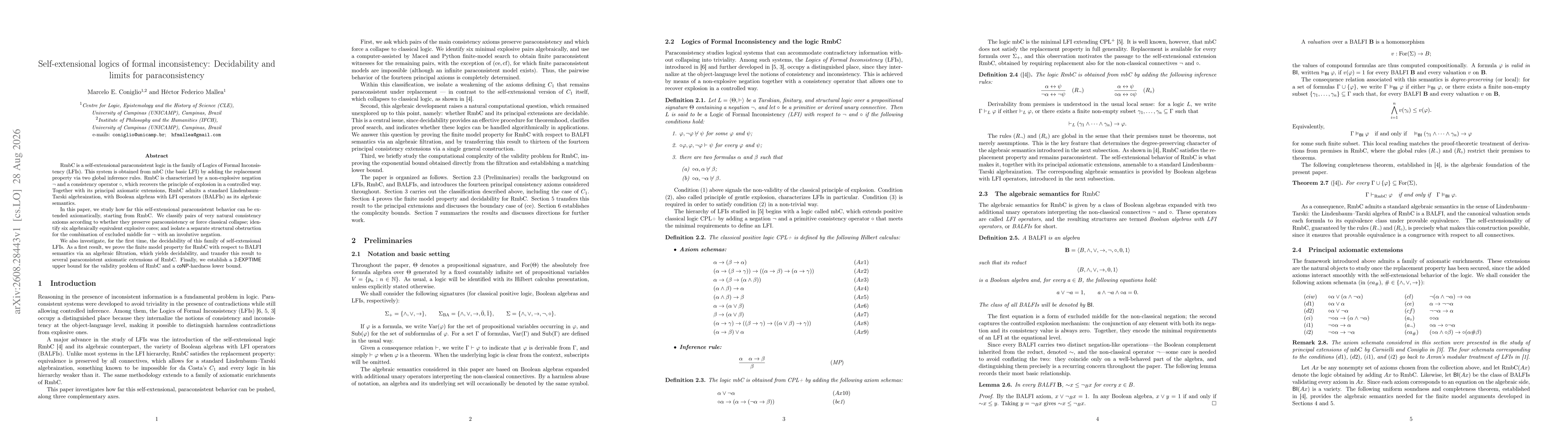 Thumbnail for Self-extensional logics of formal inconsistency: Decidability and limits for paraconsistency